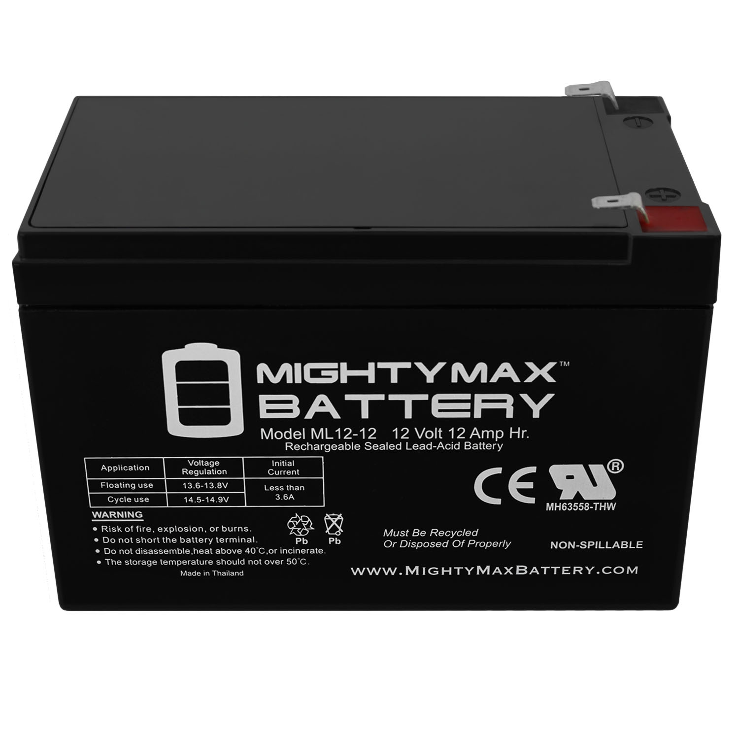 ML12-12 - 12 VOLT 12 AH SLA BATTERY F2 TERMINAL - MightyMaxBattery