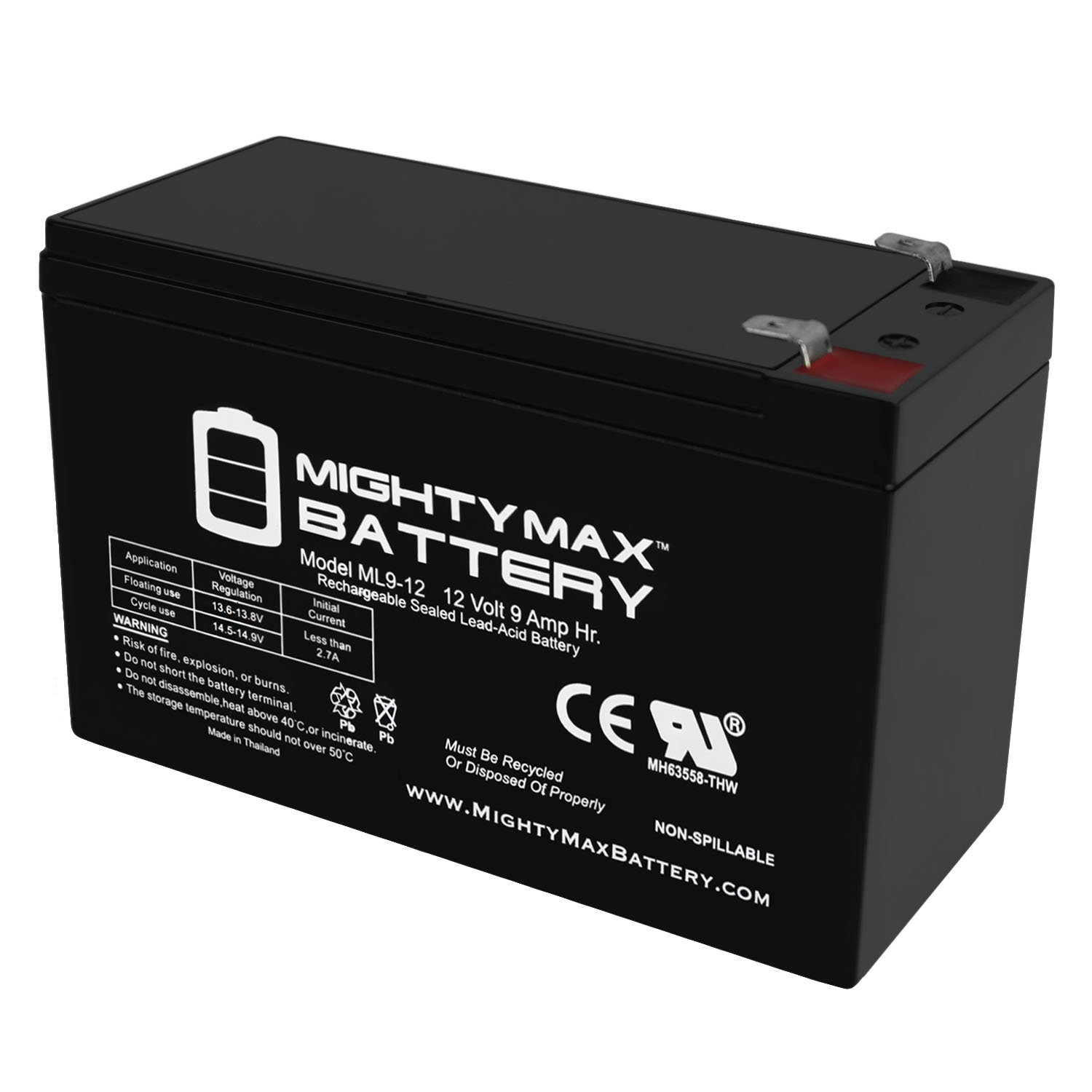 ML9-12 12 Volt AH, F2 Terminal, Rechargeable SLA AGM Battery  MightyMaxBattery