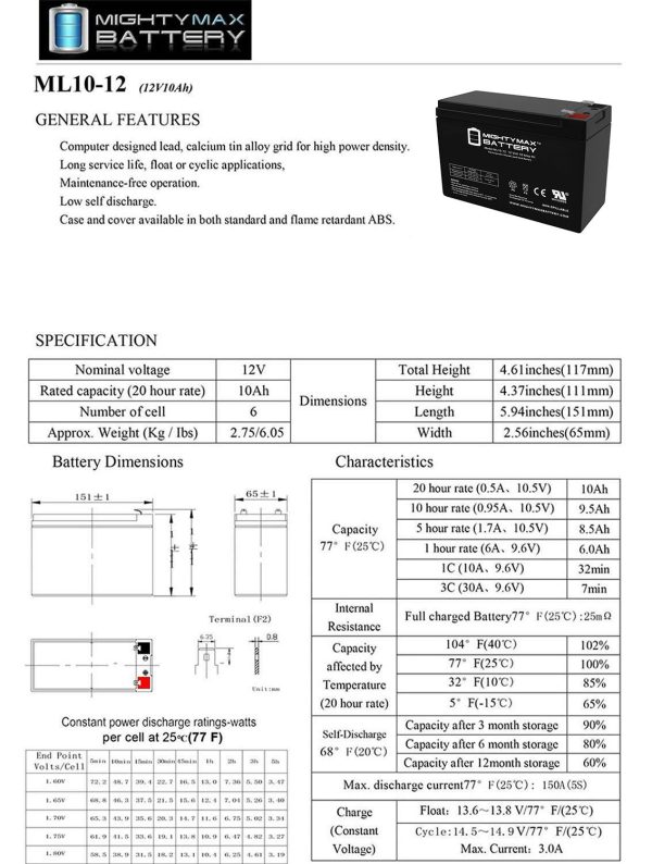 ML10-12 - 12 VOLT 10 AH SLA BATTERY