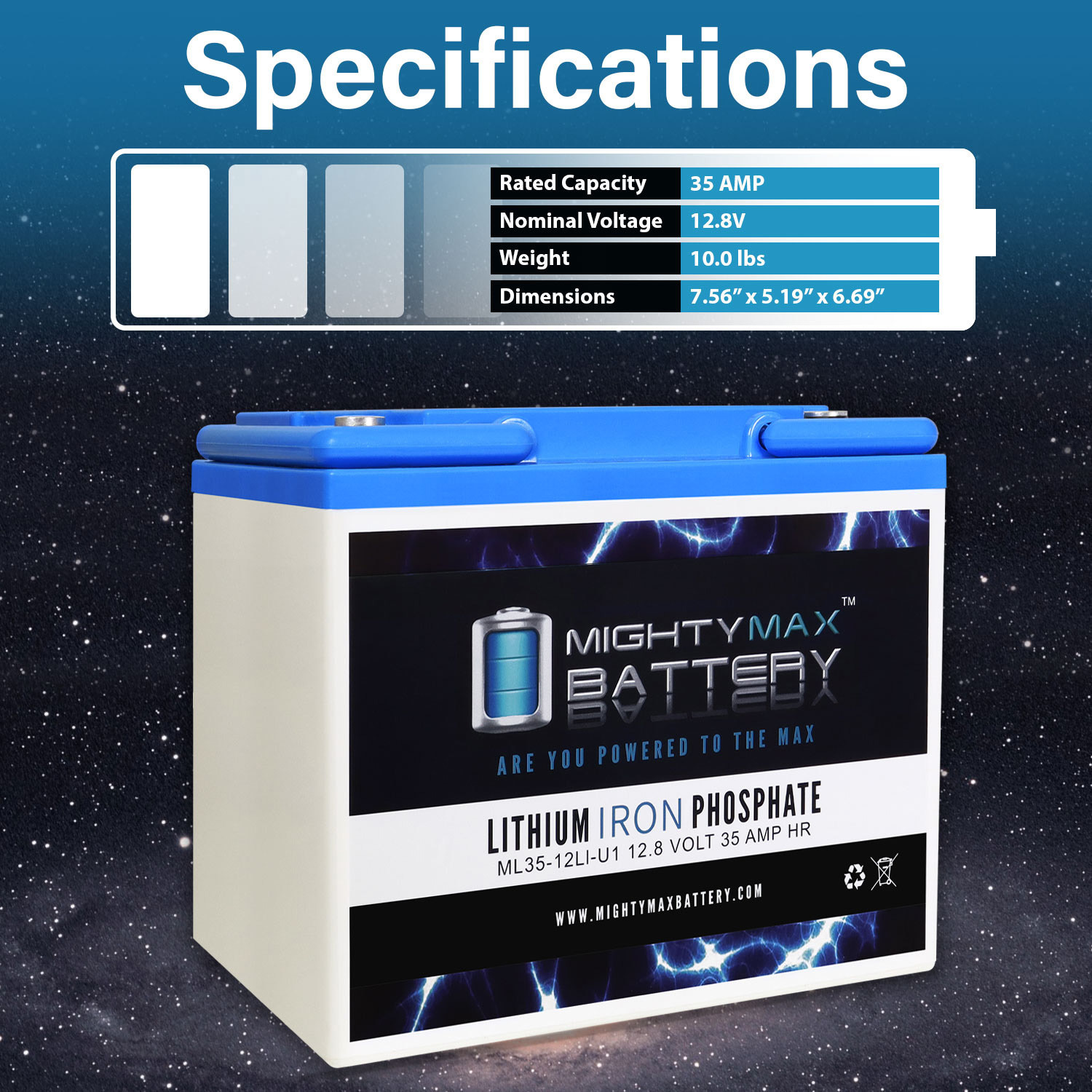 12V 35Ah LiFePO4 Deep Cycle Rechargeable Battery, 2500-7000 Life Cycles &  10-Year lifetime, Built-in BMS