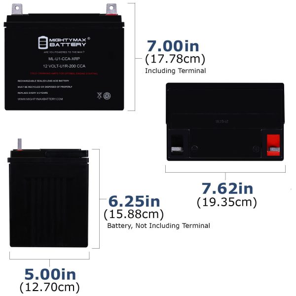 ML-U1-CCA-XRP -12 Volt, 200 CCA, Nut and Bolt (NB) Terminal, Rechargeable SLA AGM Battery