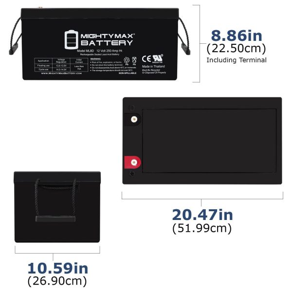 ML8D -12 Volt 250 AH, Internal Thread (INT) Terminal, Rechargeable SLA AGM Battery