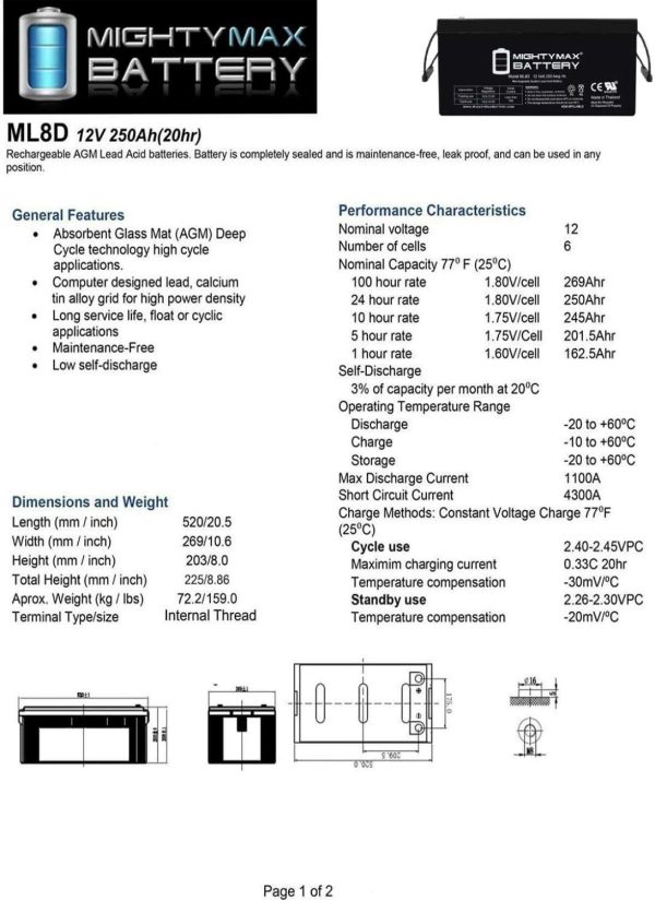 ML8D -12 Volt 250 AH, Internal Thread (INT) Terminal, Rechargeable SLA AGM Battery