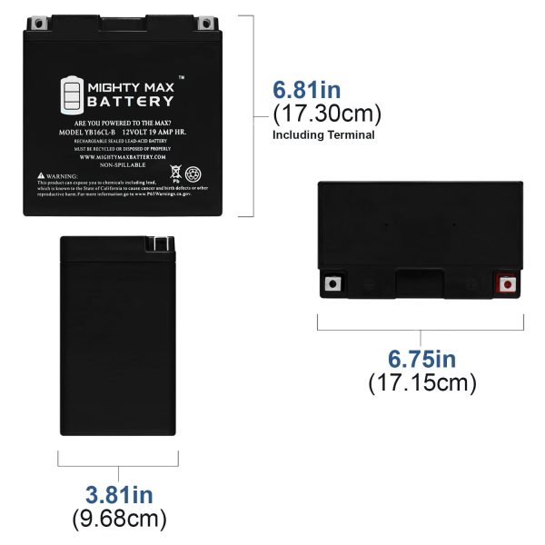 YB16CL-B -12 Volt 19 AH, 250 CCA, Rechargeable Maintenance Free SLA AGM Motorcycle Battery