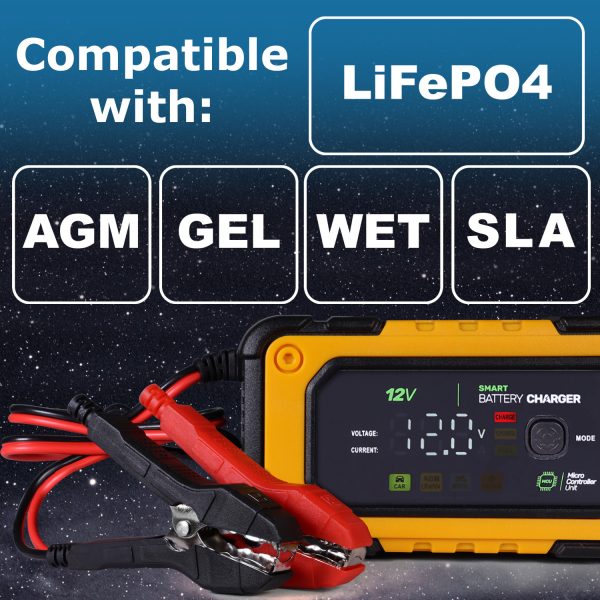 12V 7A Smart Battery Charger and Maintainer with Repair Mode Compatible with LiFePO4, SLA, GEL, AGM and Wet Cell Batteries