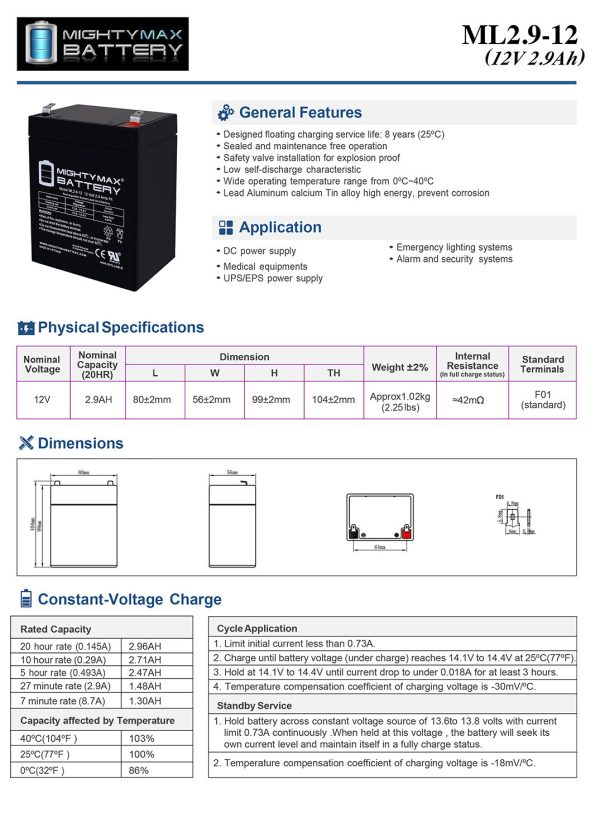 ML2.9-12 - 12Volt 2.9AH, F1 Terminal, Rechargeable SLA AGM Battery