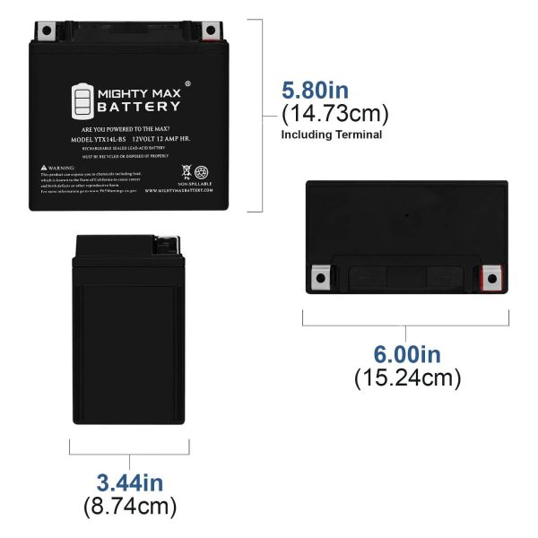 YTX14L-BS -12 Volt 12 AH, 200 CCA, Rechargeable Maintenance Free SLA AGM Motorcycle Battery