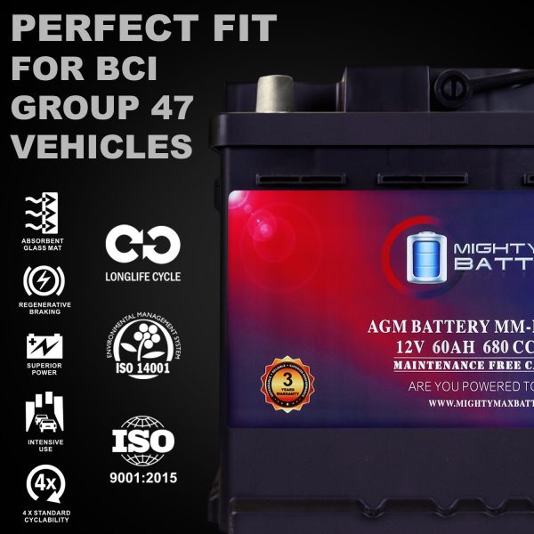 MM-H5 Start and Stop Car BCI Group Size 47 12V 60 AH, 100RC, 680 CCA Rechargeable AGM Car battery