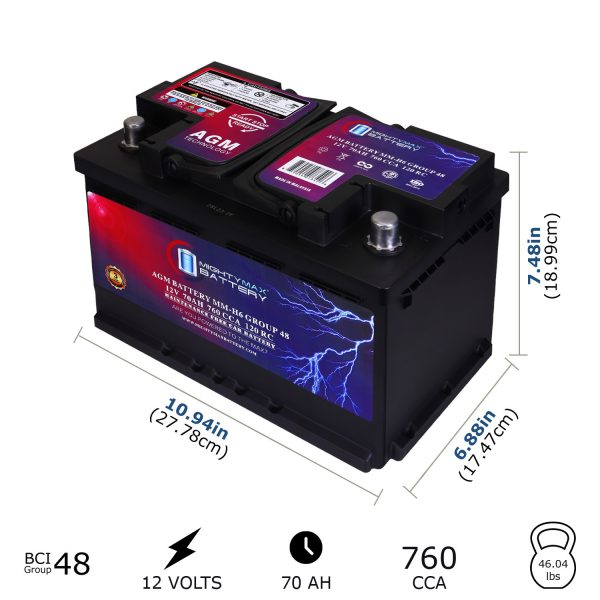 MM-H6 Start and Stop Car BCI Group Size 48 12V 70 AH, 120RC, 760 CCA Rechargeable AGM Car battery