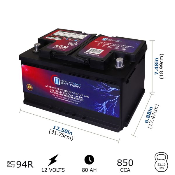 MM-H7 Start and Stop Car BCI Group Size 94R 12V 80AH, 140RC, 850 CCA Rechargeable AGM Car battery