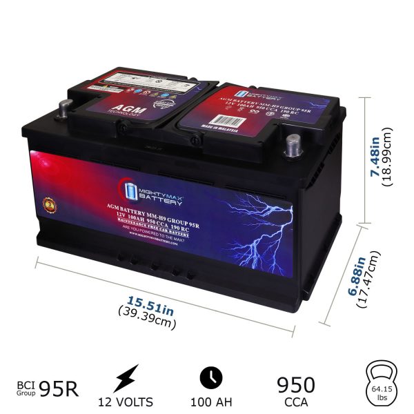 MM-H9 Start and Stop Car BCI Group 95R 12V 100AH, 190RC, 950CCA Rechargeable AGM Car battery