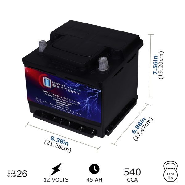 MM-G26 Start and Stop Car BCI Group 26 12V 45AH, 80RC, 540 CCA, Rechargeable SLA AGM Car Battery