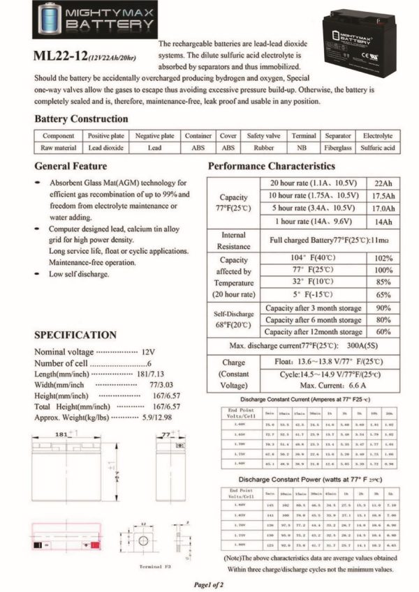 ML22-12 - 12 Volt 22 AH, Nut and Bolt (NB) Terminal, Rechargeable SLA AGM Battery