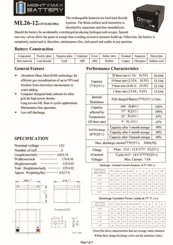 ML26-12 -12 Volt 26 AH, T3 Terminal, Rechargeable SLA AGM Battery