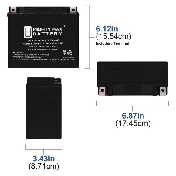 YTX20-BS -12 Volt 18 AH, 270 CCA, Rechargeable Maintenance Free SLA AGM Motorcycle Battery