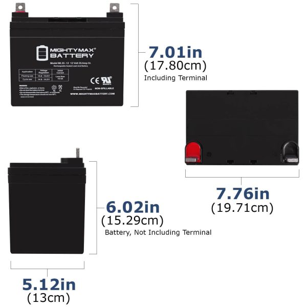 ML35-12 - 12 Volt 35 AH, Nut and Bolt (NB) Terminal, Rechargeable SLA AGM Battery