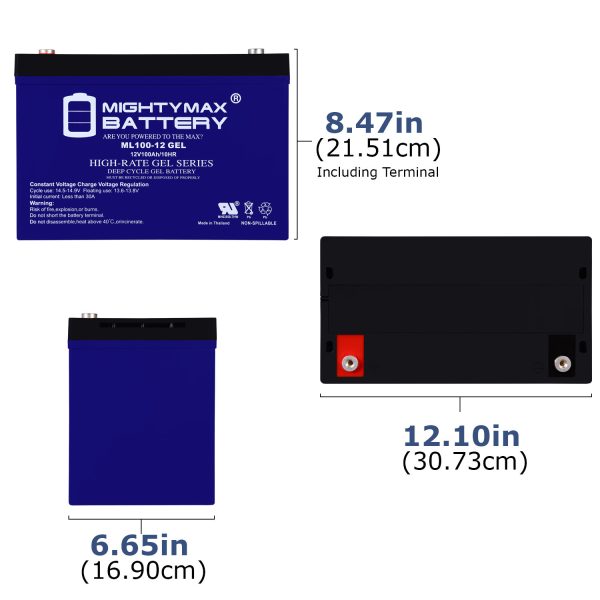 ML100-12GEL - 12 Volt 100 AH, GEL Type, Internal Thread (INT) Terminal, Rechargeable SLA AGM Battery