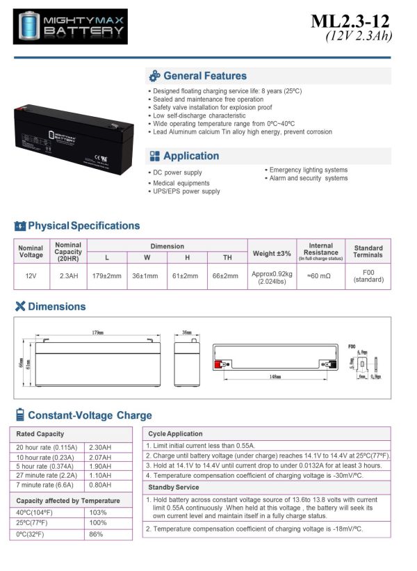 ML2.3-12 - 12 Volt 2.3 AH, F1 Terminal, Rechargeable SLA AGM Battery