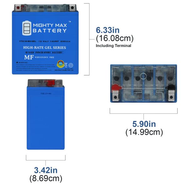 YTX16-BSGEL -12 Volt 14 AH, GEL Type, 230 CCA, Rechargeable Maintenance Free SLA AGM Motorcycle Battery