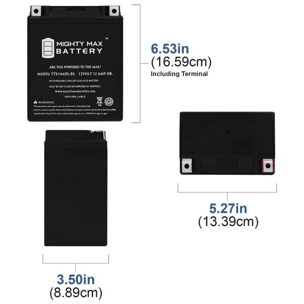 YTX14AHL -12 Volt 12 AH, 210 CCA, Rechargeable Maintenance Free SLA AGM Motorcycle Battery