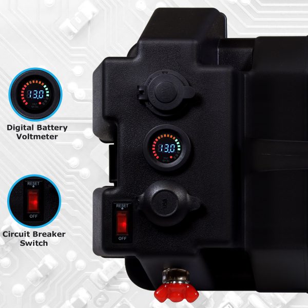 Trolling Motor Smart Battery Box Power Center for 12V Batteries Group 24, 27, 31 Marine Battery box with Dual USB, 12V DC Outlet, Voltmeter and Circuit Breaker