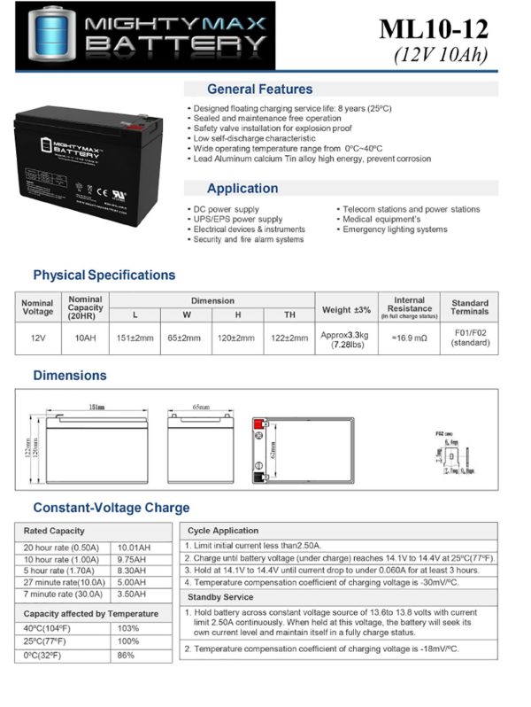 ML10-12 - 12 VOLT 10 AH SLA BATTERY - PACK OF 5