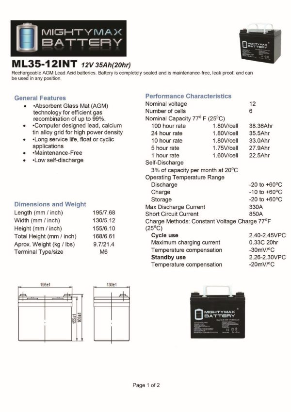 ML35-12INT - 12 Volt 35 AH, Internal Thread (INT) Terminal, Rechargeable SLA AGM Battery