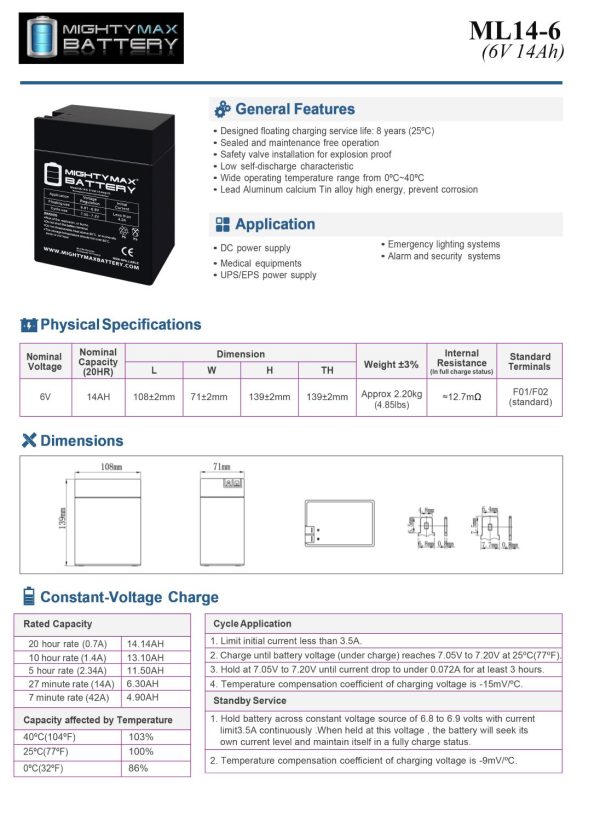 ML14-6 - 6 Volt 14 AH, Fast-on Terminal, Rechargeable SLA AGM Battery