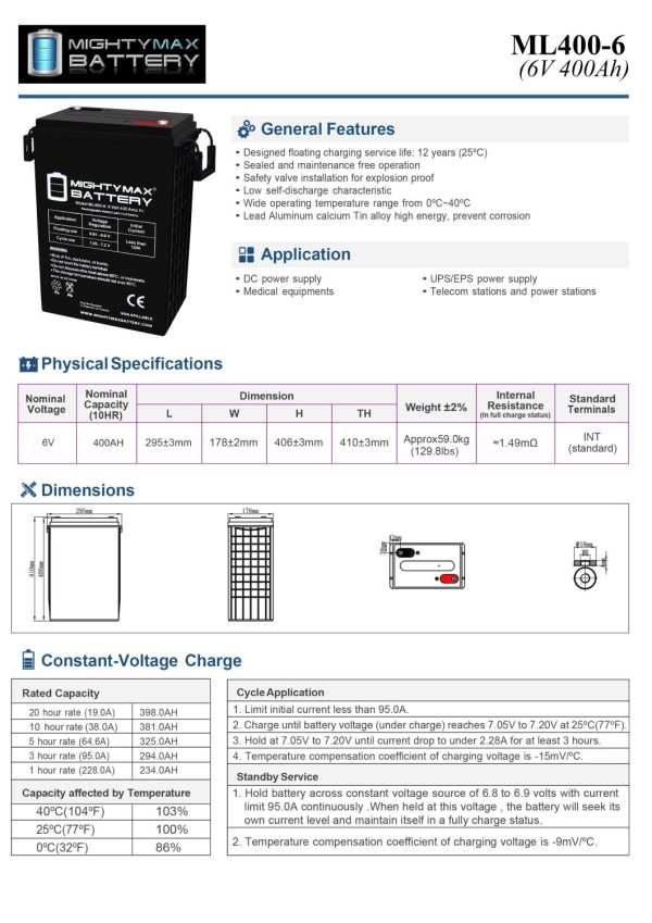 ML400-6 - 6V 400 AH, Internal Thread (INT) Terminal, Rechargeable SLA AGM Battery